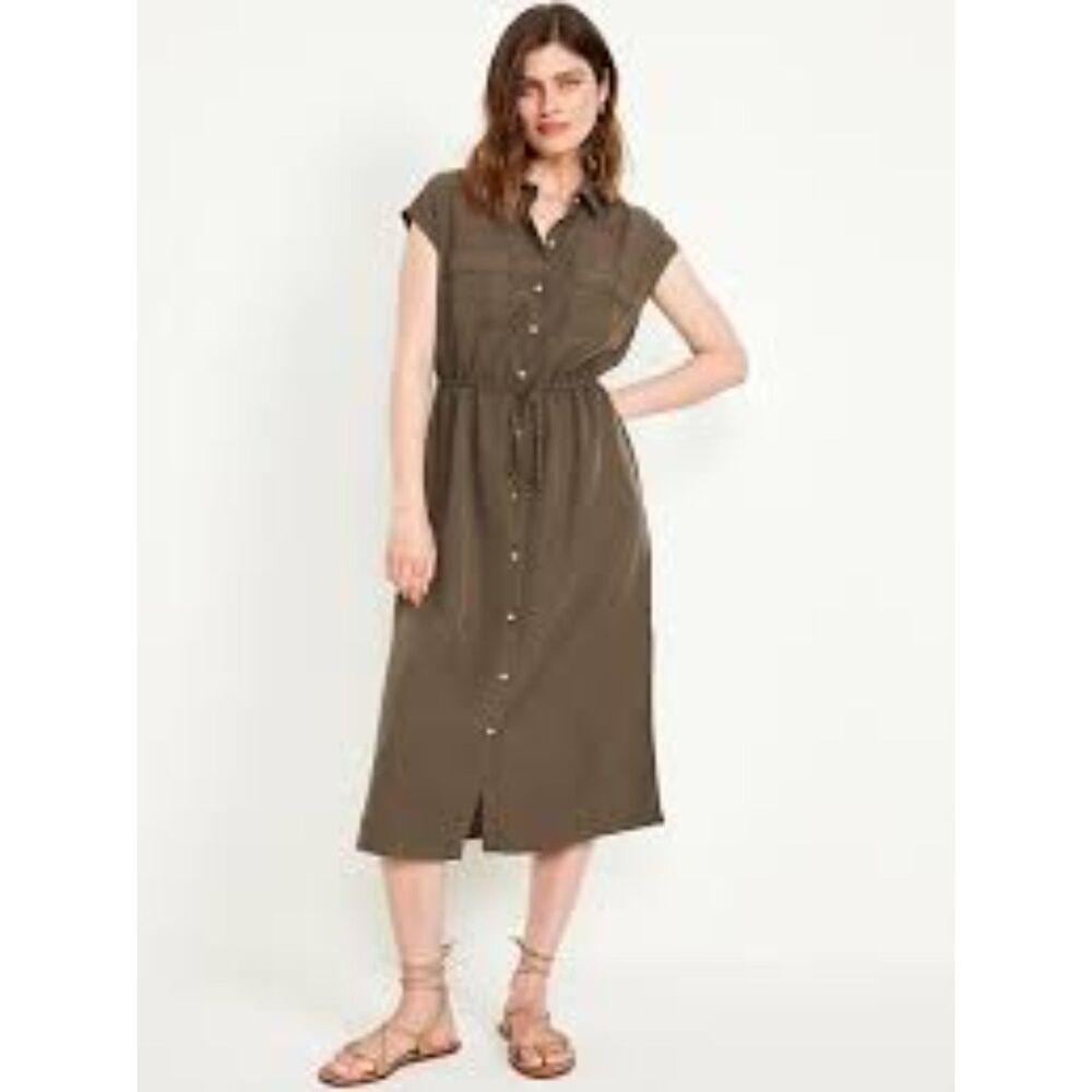 Old Navy NWT Utility Shirt Dress Sz Medium Khaki Minimalist Capsule Summer